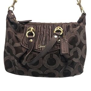 Coach Ashley Brown Metallic Op Art Gathered Leather Shoulder Bag F20015